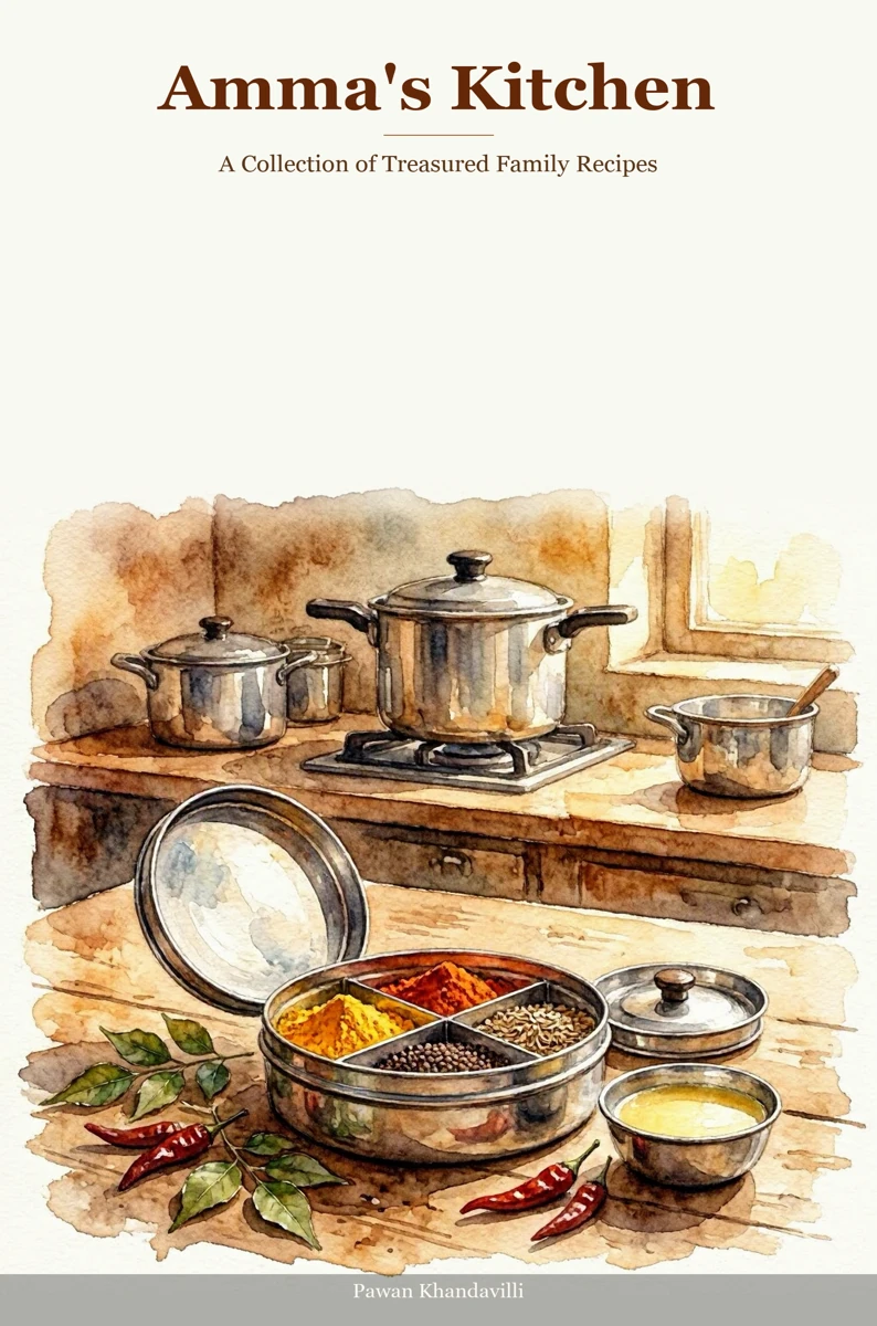 Cover of Amma’s Kitchen, showing a warm watercolor Telugu home kitchen with steel pots, a spice box, curry leaves, and dried chillies