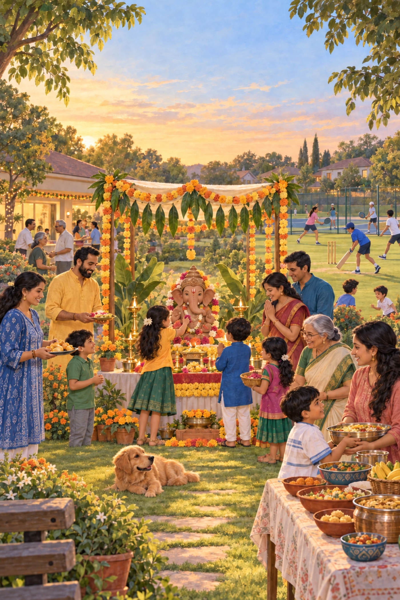 Families gathered around a clay Ganesha while neighbors share food and children play outdoors